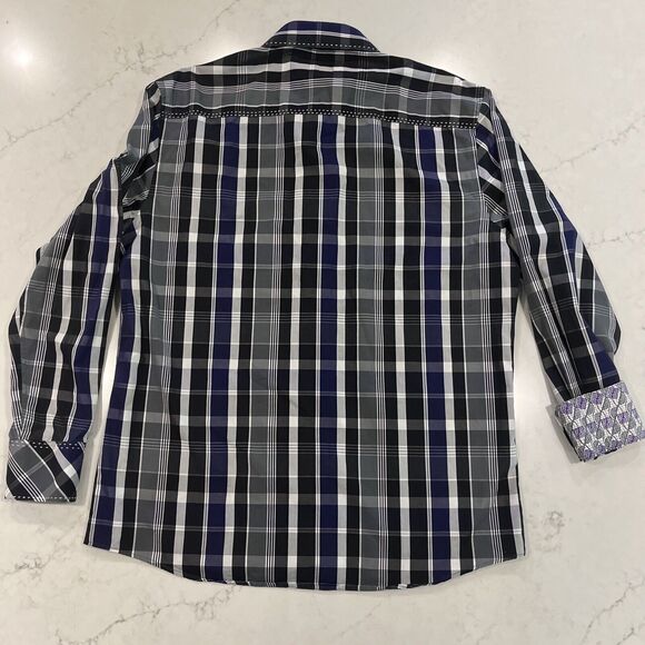 Zagiri Mens L Purple Black Plaid Button Up Flip Cuffs Embroidered Stich Shirt - Picture 2 of 11